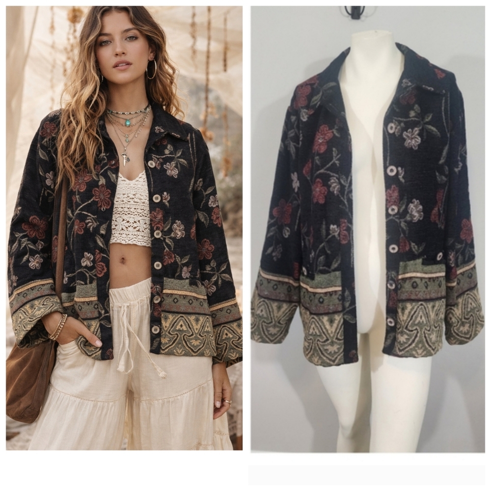 Vtg 90s sag harborTapestry jacket blazer Women12p boho artsy floral hippie gypsy - Picture 15 of 15